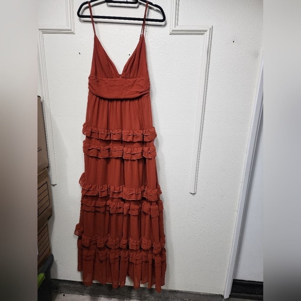 Lulus Lavish Perfection Rust Orange Ruffled Tiered Maxi Dress L Wedding Party - Picture 6 of 8